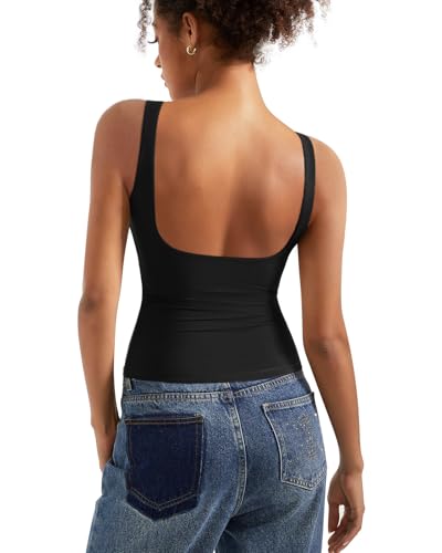SUUKSESS Women Built in Bra Open Back Boat Neck Tank Tops Double Lined Backless Y2K Going Out Top Basic Shirt (Black,M) - Image 1