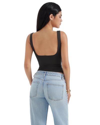 SUUKSESS Women Built in Bra Open Back Boat Neck Tank Tops Double Lined Backless Y2K Going Out Top Basic Shirt (Black,M) - Image 4