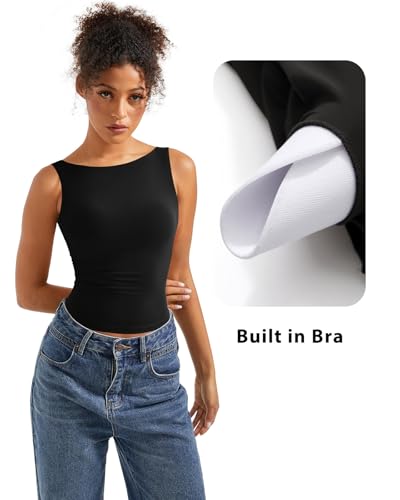 SUUKSESS Women Built in Bra Open Back Boat Neck Tank Tops Double Lined Backless Y2K Going Out Top Basic Shirt (Black,M) - Image 2