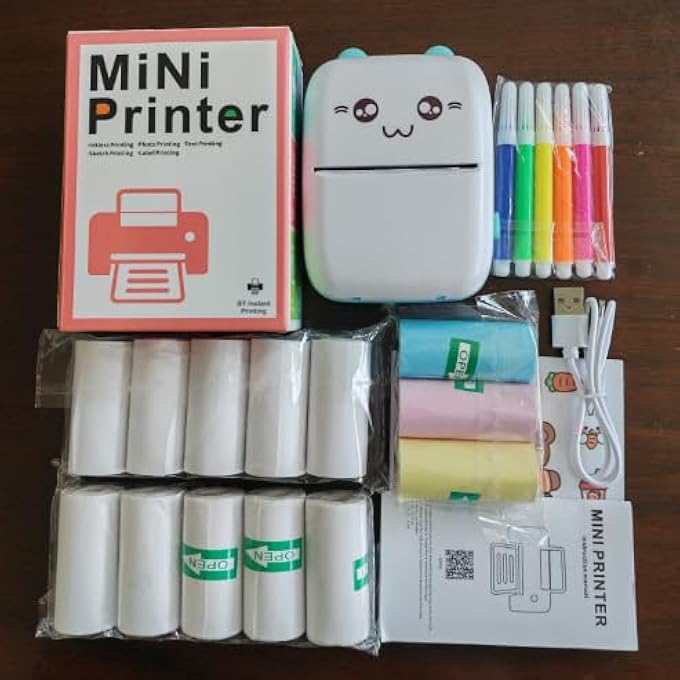 MINI PRINTER PORTABLE, PORTABLE INKLESS STICKER PRINTER WITH 8 ROLLS PAPER, BLUETOOTH THERMAL PRINTER FOR JOURNALING, PHOTOS & GIFT GIVING