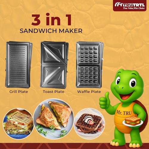 truTRTL Mr. TRU 3 in 1 Grill, Sandwich, Waffle Maker Machine | Electric Bread Griller and Toaster | Non-Stick Coating Removable Plates | 800W (Auto Cut-Off), Black | 2 Years Warranty | Perfect for Gifting - Image 3