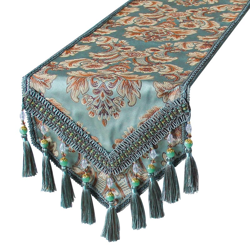 kilofly Elegant Floral Brocade Jacquard Table Runner Tassels 69 x 12 inches