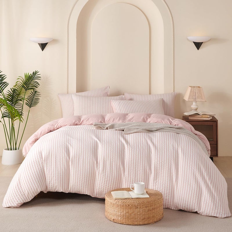 BUPIRD Pink Comforter Set Queen Size Striped 100% Soft Washed Microfiber Jacquard 3 Pieces Striped Bedding Sets Pink White Comforter Queen for All Seasons and 2 Pillowcases Comfort Breathable - Image 2