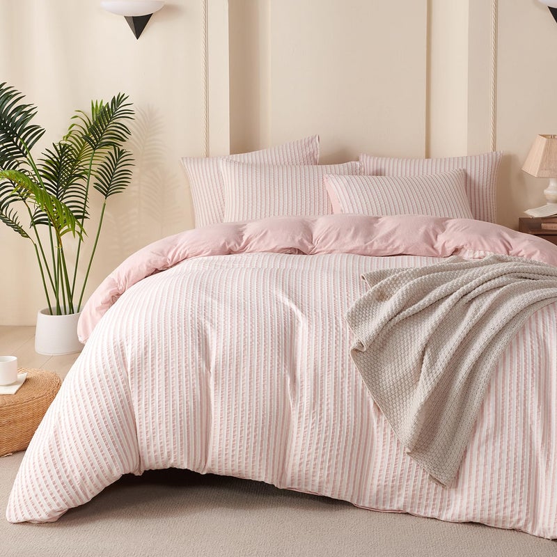 BUPIRD Pink Comforter Set Queen Size Striped 100% Soft Washed Microfiber Jacquard 3 Pieces Striped Bedding Sets Pink White Comforter Queen for All Seasons and 2 Pillowcases Comfort Breathable - Image 1