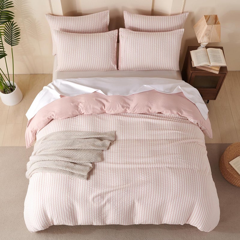 BUPIRD Pink Comforter Set Queen Size Striped 100% Soft Washed Microfiber Jacquard 3 Pieces Striped Bedding Sets Pink White Comforter Queen for All Seasons and 2 Pillowcases Comfort Breathable - Image 4