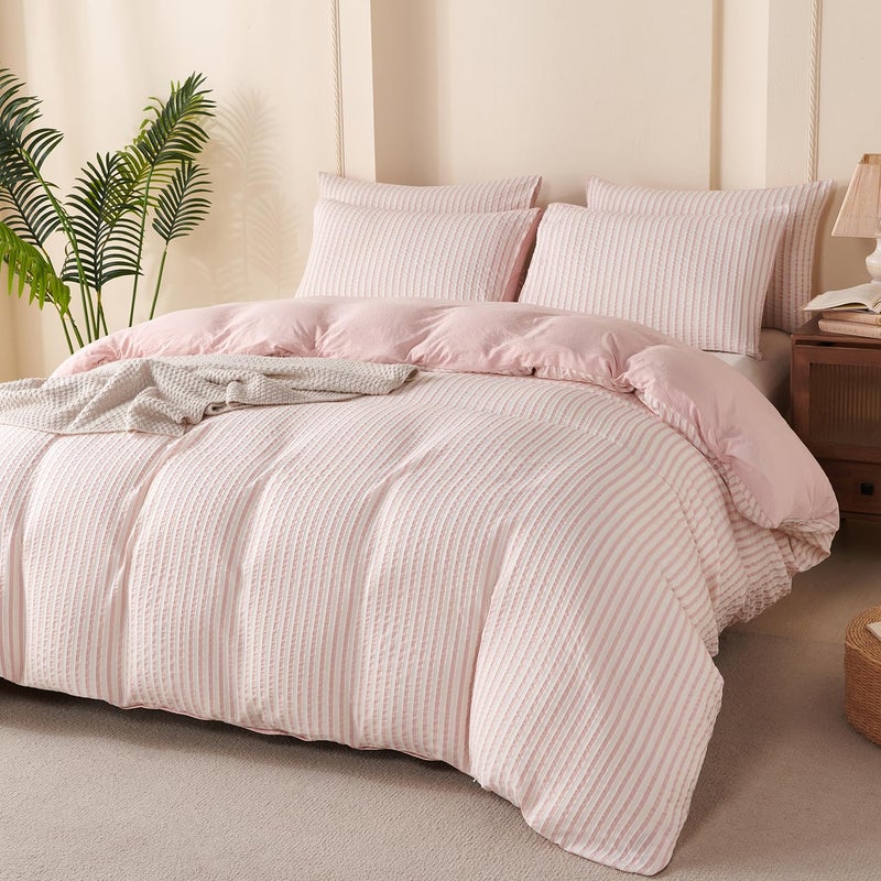 BUPIRD Pink Comforter Set Queen Size Striped 100% Soft Washed Microfiber Jacquard 3 Pieces Striped Bedding Sets Pink White Comforter Queen for All Seasons and 2 Pillowcases Comfort Breathable - Image 5