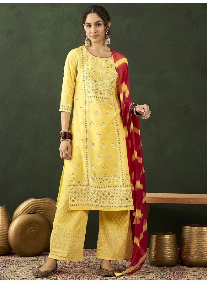 AKS Floral Printed Straight Kurta With Palazzos With Dupatta - Image 2