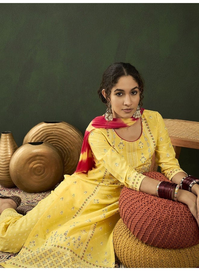 AKS Floral Printed Straight Kurta With Palazzos With Dupatta - Image 1