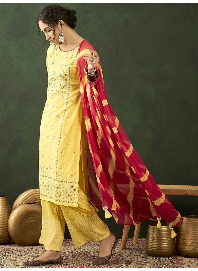 AKS Floral Printed Straight Kurta With Palazzos With Dupatta