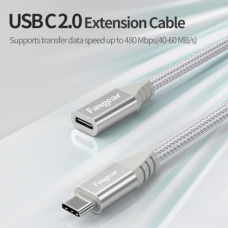 كيبل تمديد USB C من فاسجير: سلك تمديد من النوع C ذكر إلى أنثى متوافق مع شاحن Magsafe | شحن لاسلكي Mag safe | جميع أجهزة النوع C 2.0 - نقل بيانات 480 ميجابت في الثانية (1.8 متر، أبيض) - Image 4