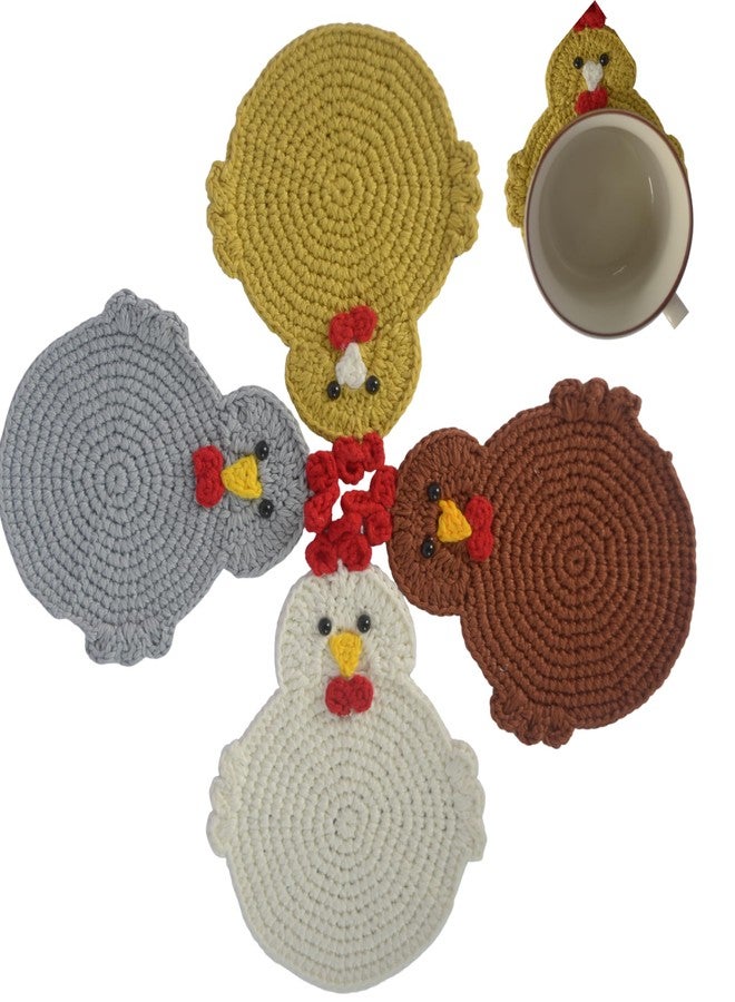 RucaDeco Handmade Crochet Chicken Coasters Set of 4 - Funny Gifts, Stuffed Animal-Themed Drink Coasters, Cute Desk Accessories, Home Decor, Tabletop Protection, Crazy Chicken Lady Must Have (Style 2) - Image 1