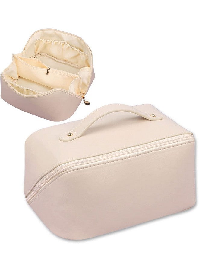 Vruta Large Capacity Travel Cosmetic Bag, Portable Makeup Bag Opens Flat for Easy Access | Waterproof PU Leather | Multifunctional Storage Makeup Bag for Woman (White) - Image 1
