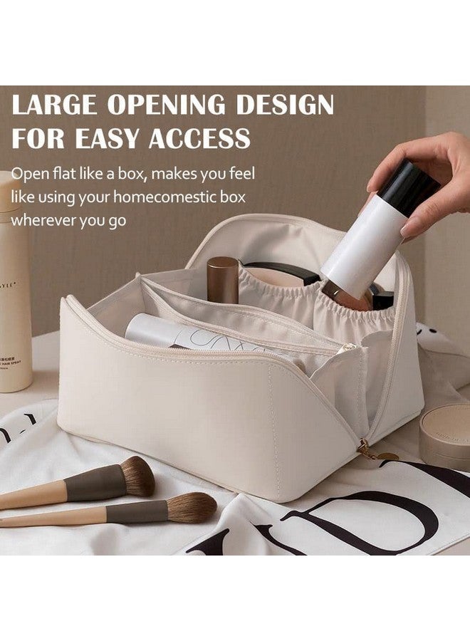 Vruta Large Capacity Travel Cosmetic Bag, Portable Makeup Bag Opens Flat for Easy Access | Waterproof PU Leather | Multifunctional Storage Makeup Bag for Woman (White) - Image 2