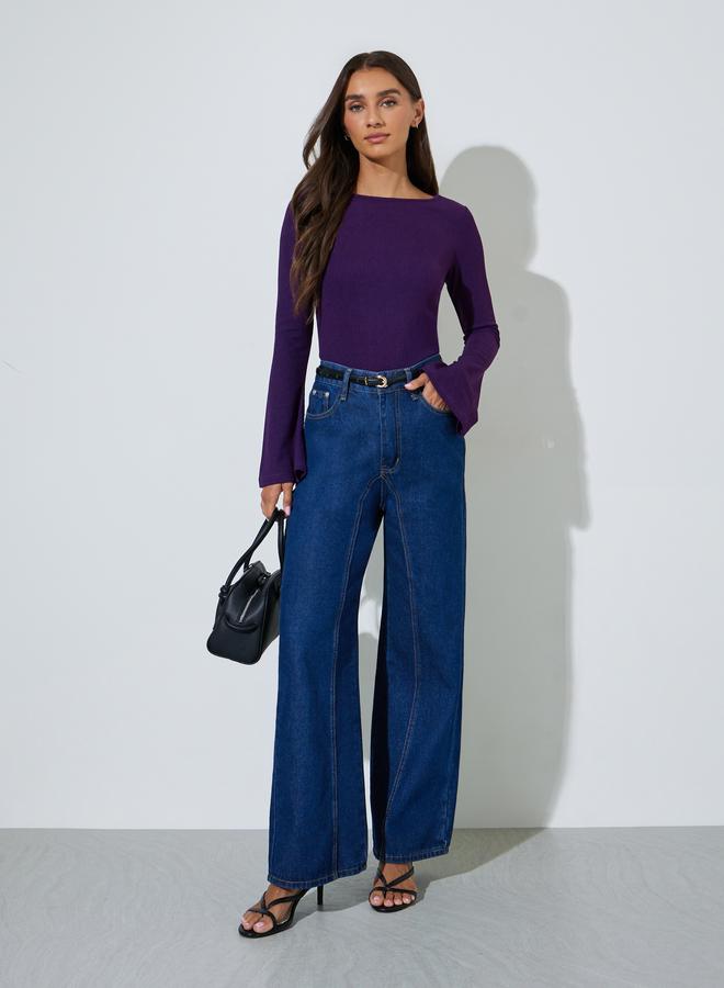 Styli Purple Long Flared Sleeves Wide Neck Knit Top - Image 2