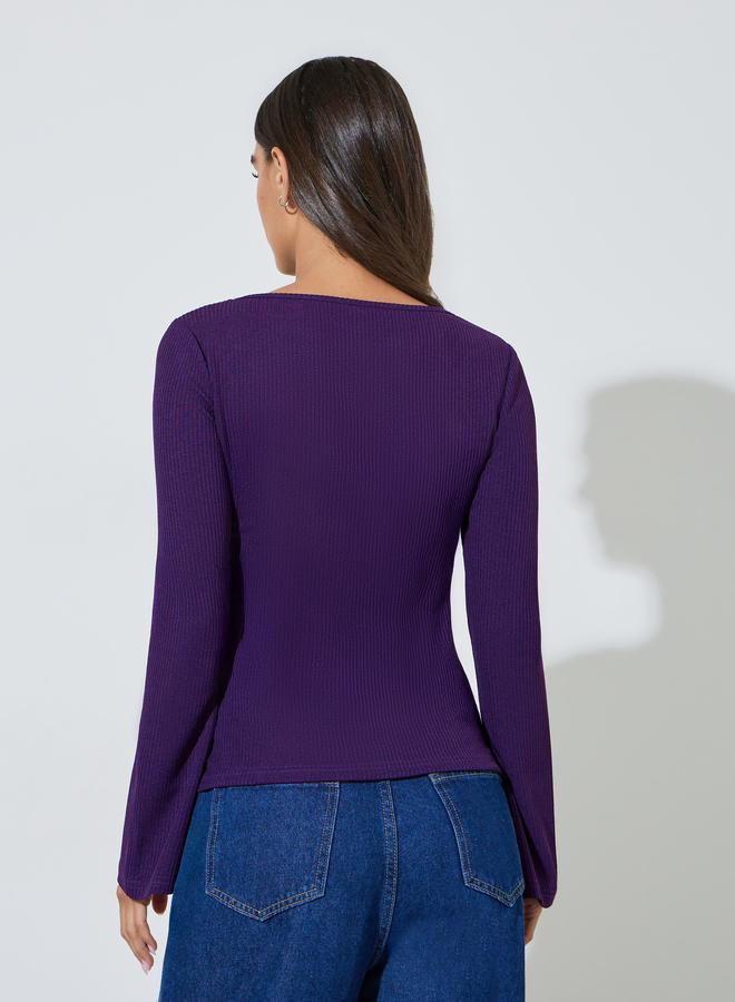 Styli Purple Long Flared Sleeves Wide Neck Knit Top - Image 4