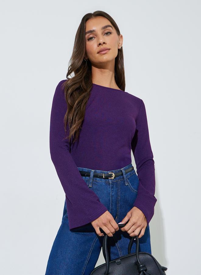 Styli Purple Long Flared Sleeves Wide Neck Knit Top - Image 1