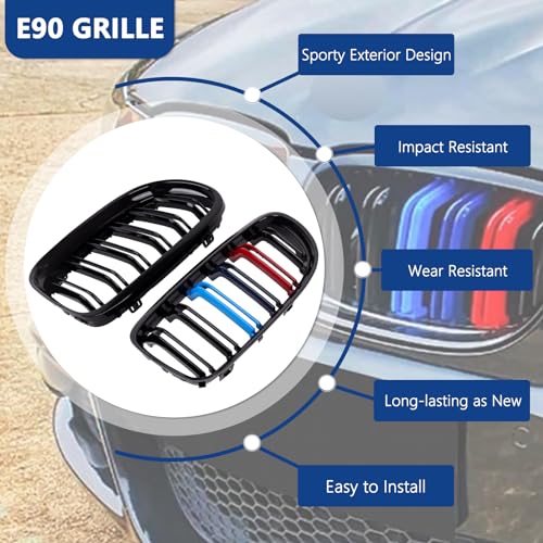 DEKEWEI E90 Grill, Front Kidney Grille Compatible with BMW 3 Series 2009-2011 E90 E91 (Double Slats M Color Grills, 2pcs) - Image 3