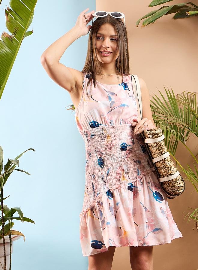 SASSAFRAS Floral Smocked Mini Dress - Sleeveless Daytime Style - Image 2