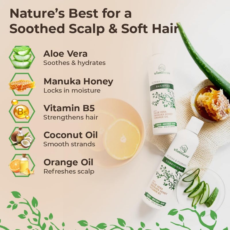 Wild Naturals Eczema Psoriasis Shampoo & Conditioner Set for Men & Women - Anti Dandruff Shampoo for Dry Scalp & Hair - Seborrheic Dermatitis for Itchy Scalp Treatment - Eczema for Psoriasis - Image 2