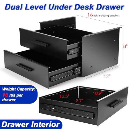 Menkxi Under Desk Drawer Storage 16 x 12 x 8 Inch Pull out Storage Organizer Mounted Metal Sliding Hidden Under Counter Drawer Vertically Stacked for Office Sit Stand Workstation - Image 2