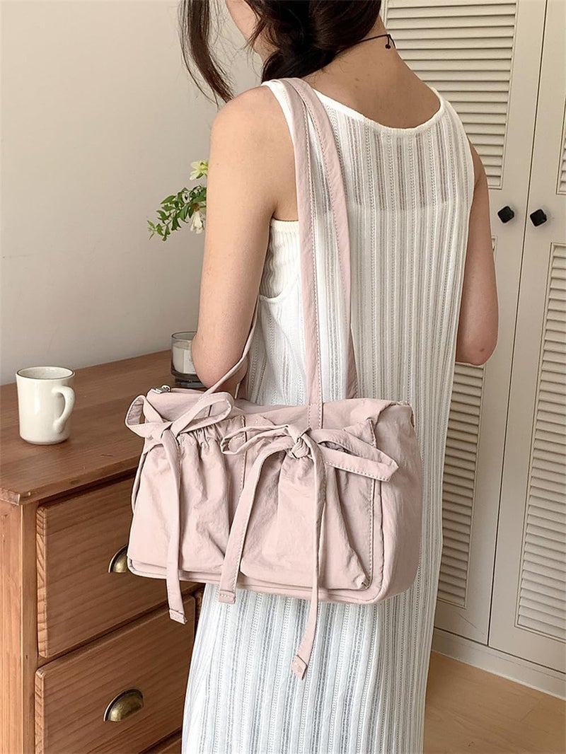 Luckam Aesthetic Shoulder Bag, Japanese Style Nylon Tote Handbag with Cute Bows, Stylish and Elegant Hobo Purse for Women - Image 1