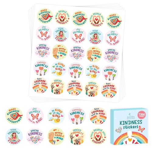 Decorably 1100 Kindness Stickers for Kids Bulk 44 Sheets with 10 Colorful Designs for Classroom Activities Positive Reinforcement Arts Crafts Scrapbooking Gift - Image 1