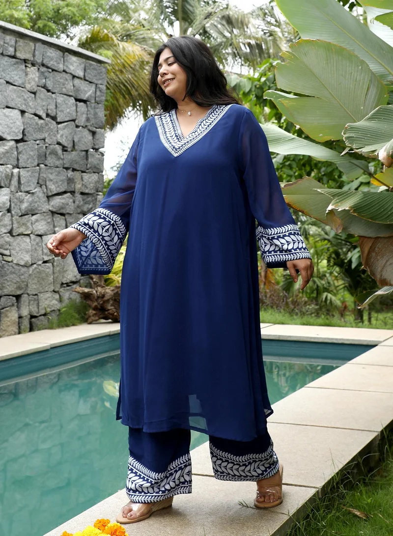 انستافاب بلس Instafab Plus Women's Indigo Blue Indie Leaf-Lined Imprint Kurta Set For Ethnic Wear | V-Neck, Long Flared Sleeves | Floral Placement Print Plain Fabric | 2 Piece Kurta Set For Casual & Evening Wear
