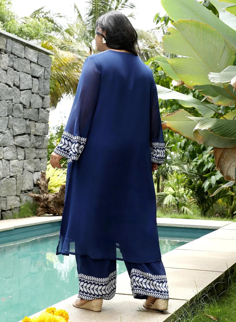 انستافاب بلس Instafab Plus Women's Indigo Blue Indie Leaf-Lined Imprint Kurta Set For Ethnic Wear | V-Neck, Long Flared Sleeves | Floral Placement Print Plain Fabric | 2 Piece Kurta Set For Casual & Evening Wear