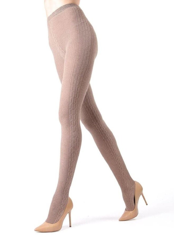MeMoi Portland Side Cable Knit Cotton Tights for Women, Cozy and Warm Sweater Tights - Sizes Small to X-Large, Light Taupe Heather, L-XL - Image 1