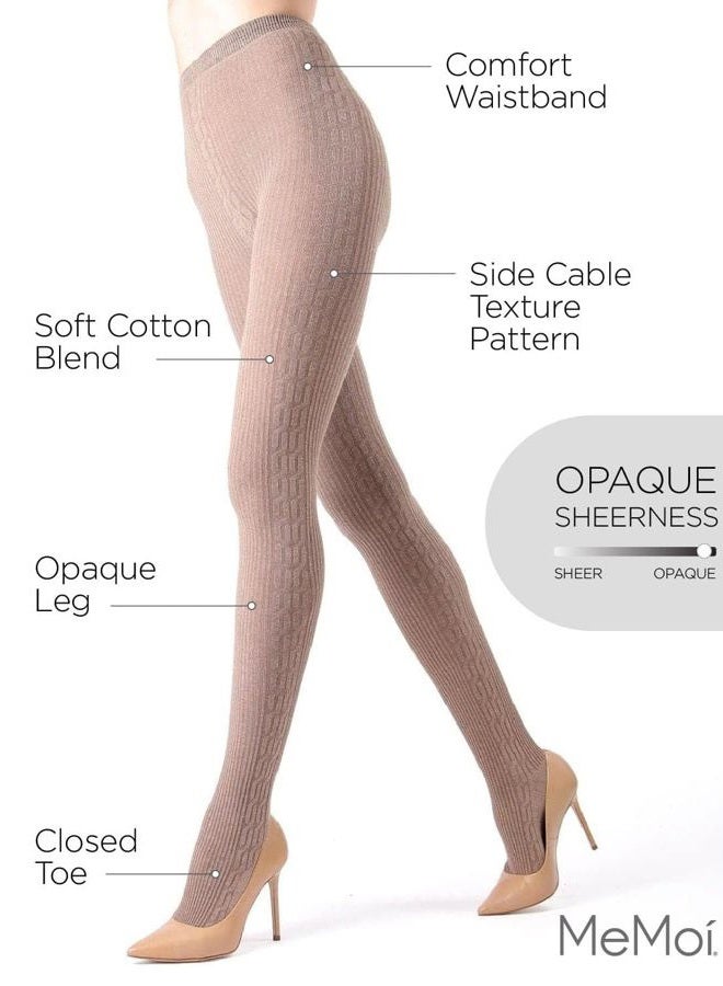 MeMoi Portland Side Cable Knit Cotton Tights for Women, Cozy and Warm Sweater Tights - Sizes Small to X-Large, Light Taupe Heather, L-XL - Image 3