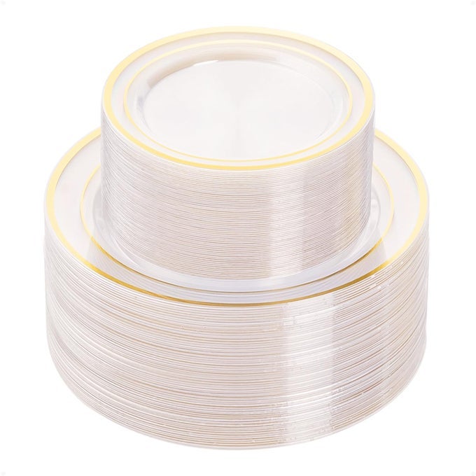 100PCS CLEAR PLASTIC PLATE DISPOSABLE PARTY PLATES WITH 50 DINNER AND 50 DESSERT PLATES PLASTIC PLATE FOR PARTY WEDDING AND BIRTHDAY