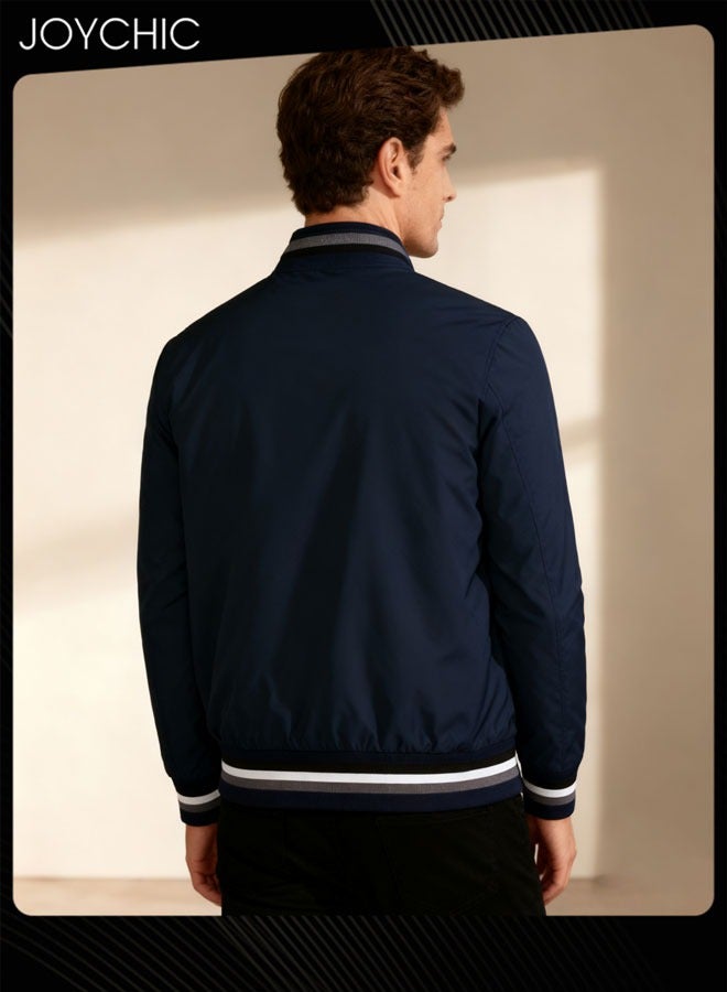 Joychic جاكيت خفيف الوزن بلون صلب غير رسمي لخريف وشتاء للرجال من القطن المخملي مقاوم للرياح ومضاد للماء دافئ بسحاب أزرق في الهواء الطلق - Image 2