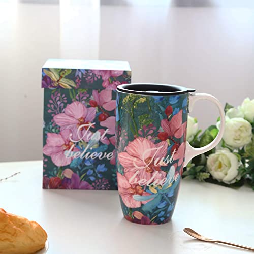 Topadorn Ceramic Coffee Cup 17 Oz Tall Ceramic Mug with Lid and Color Box, Perfect for Coffee and Tea, Just Believe - Image 3