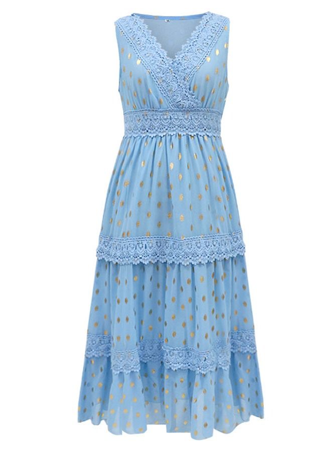 Loquat Deep V Pleated Dress Blue  - Image 1