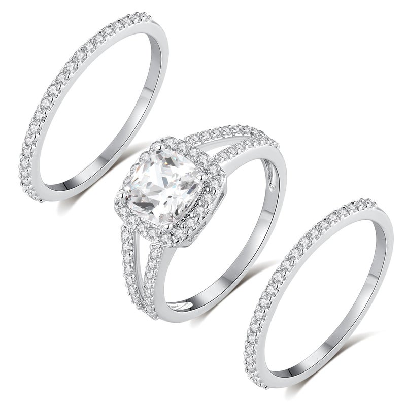 MDFUN 18K White Gold Plated Three-in-One Cubic Zirconia Square Halo Wedding Engagement Promise Eternity Ring for Women (Square Ring 3 Pcs Sets, 8) - Image 1