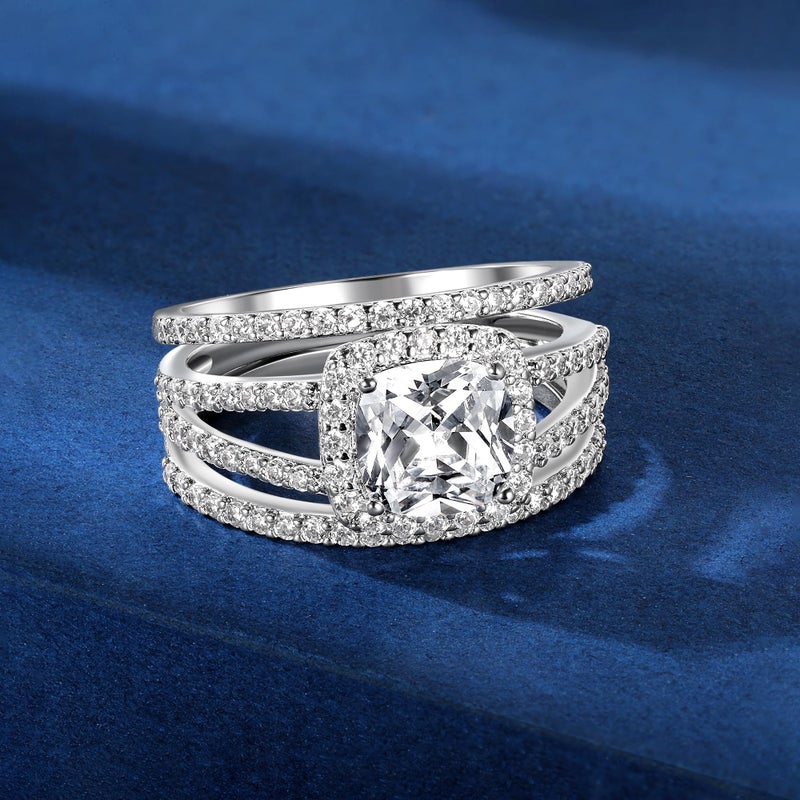 MDFUN 18K White Gold Plated Three-in-One Cubic Zirconia Square Halo Wedding Engagement Promise Eternity Ring for Women (Square Ring 3 Pcs Sets, 8) - Image 5