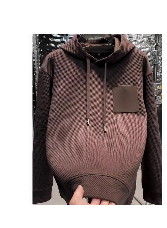Men's Knitted Patchwork Fashionable Temperament Versatile Long Sleeved Hooded Sweatshirt  - Image 1