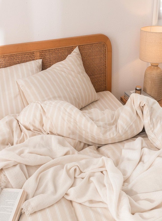 BESTOUCH Duvet Cover Set 100% Washed Cotton Linen Feel Super Soft Comfortable Chic Lightweight 3 PCs Home Bedding Set Almond Grey & White Stripes King - Image 2