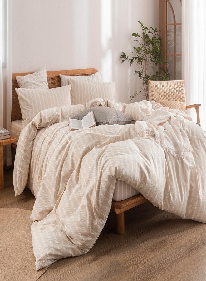 BESTOUCH Duvet Cover Set 100% Washed Cotton Linen Feel Super Soft Comfortable Chic Lightweight 3 PCs Home Bedding Set Almond Grey & White Stripes King - Image 4