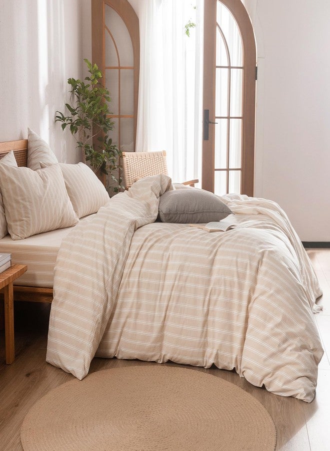 BESTOUCH Duvet Cover Set 100% Washed Cotton Linen Feel Super Soft Comfortable Chic Lightweight 3 PCs Home Bedding Set Almond Grey & White Stripes King - Image 3