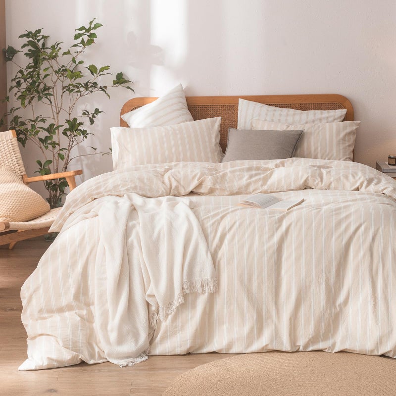 BESTOUCH Duvet Cover Set 100% Washed Cotton Linen Feel Super Soft Comfortable Chic Lightweight 3 PCs Home Bedding Set Almond Grey & White Stripes King - Image 1