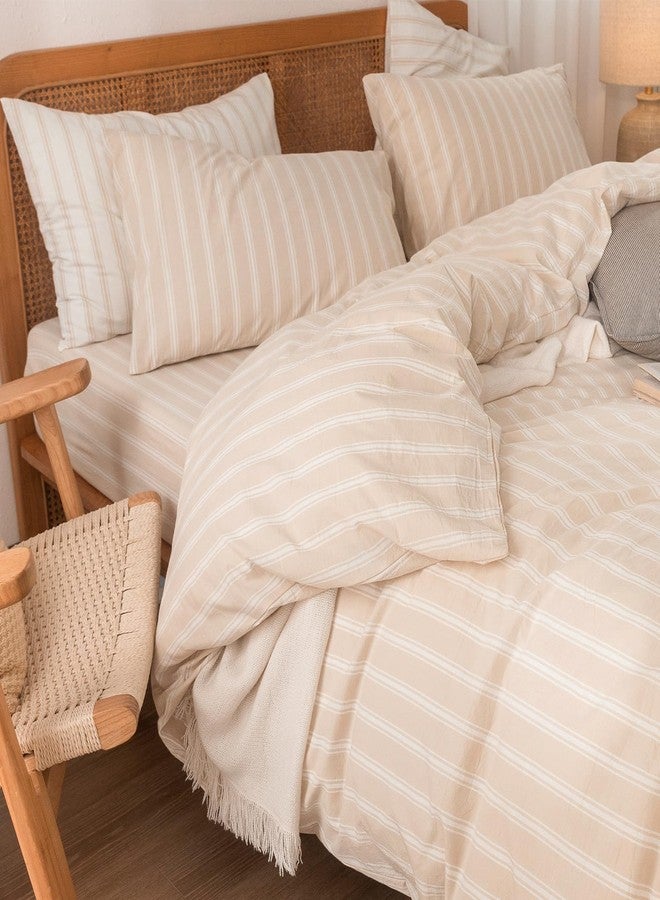BESTOUCH Duvet Cover Set 100% Washed Cotton Linen Feel Super Soft Comfortable Chic Lightweight 3 PCs Home Bedding Set Almond Grey & White Stripes King - Image 5