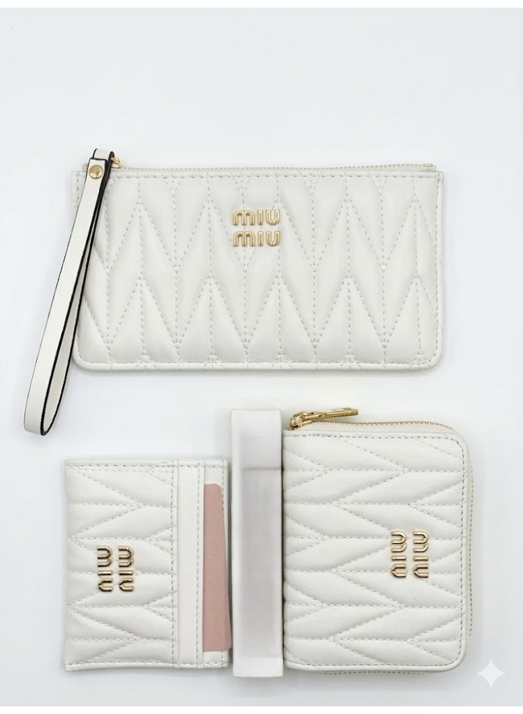 Miu Miu Quilted Wallet 3-Piece Set for Women – White Zip Wallet, Card Holder & Wristlet Pouch