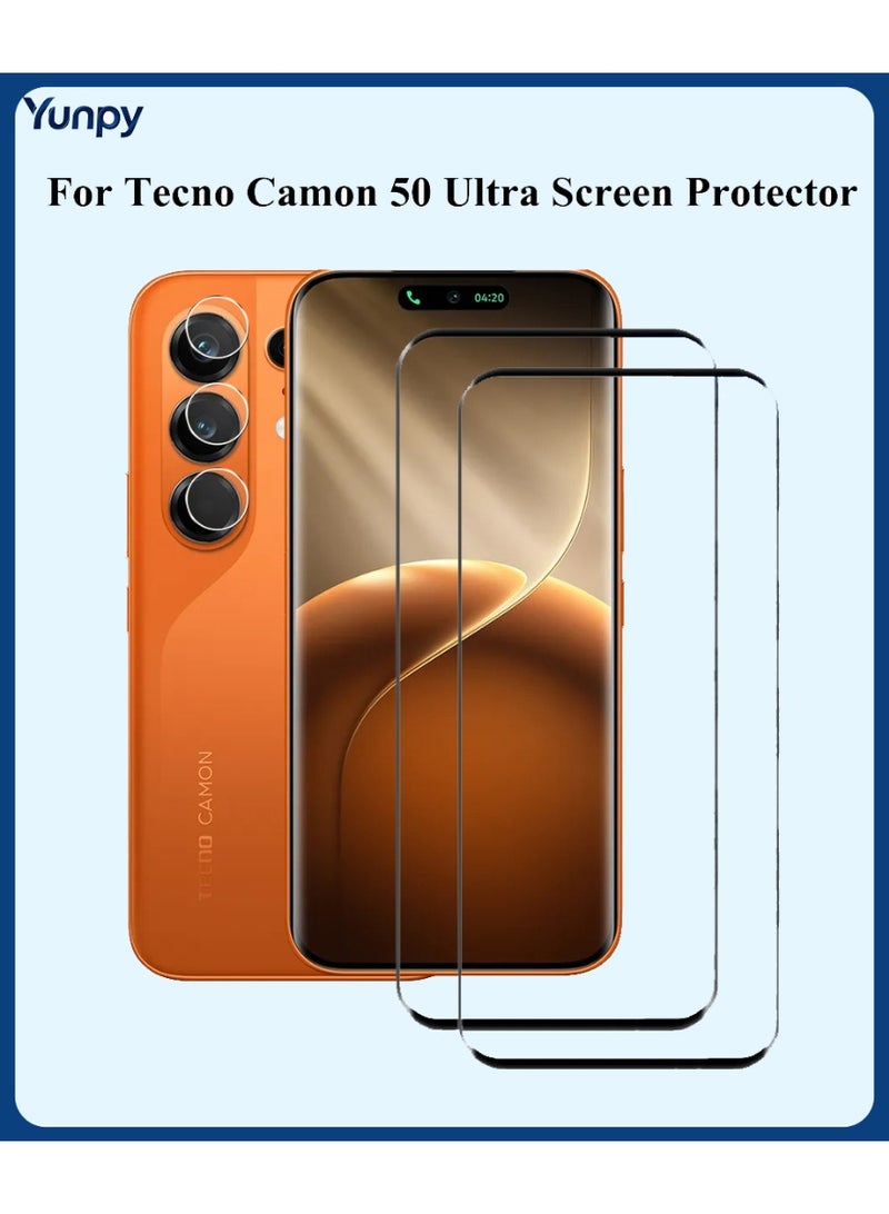 Yunpy [2+1 Packs] for Tecno Camon 50 Ultra Tempered Glass Screen Protector with Camera Lens Film, Including 2 Pack Front Glass and 1 Pack Camera Lens Film, 9H Hardness HD Clear Anti-Scratch Anti-Fingerprint Bubble-Free Case Friendly Screen Protector - Image 1