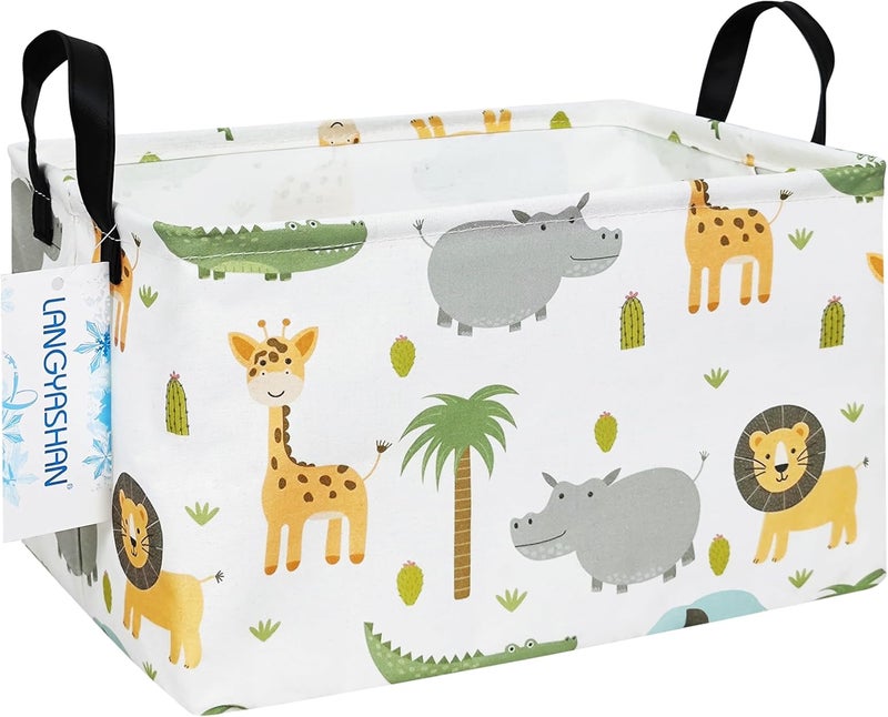 LANGYASHAN Rectangular Storage Bin Collapse Canvas Fabric Cartoon Storage Basket with Handles for Organizing Home Kitchen Boys and Girls Toys Office Closet Shelf Baskets (Rec animal) - Image 1