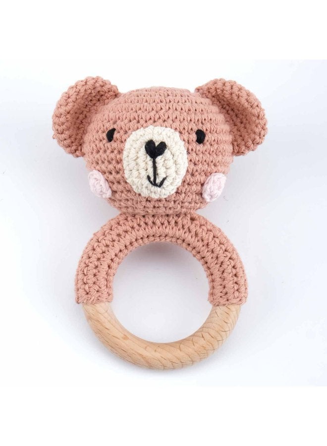 Baby Soothing Teething Toy Handmade Wooden Wool Yarn Hook Rattles Customizable Logo Baby Soothing Teether Toy Hand Shake Bell-Color:Pink Bear-Specifications:Rattle - Image 1