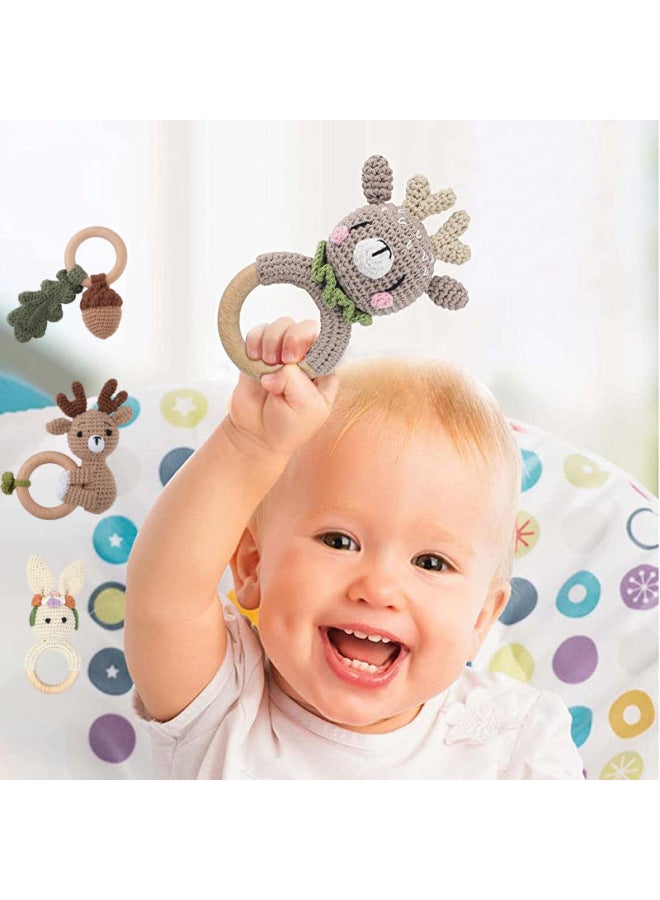 Baby Soothing Teething Toy Handmade Wooden Wool Yarn Hook Rattles Customizable Logo Baby Soothing Teether Toy Hand Shake Bell-Color:Pink Bear-Specifications:Rattle - Image 2