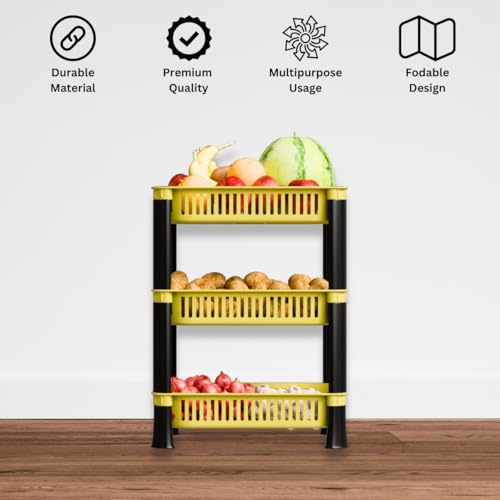 FOROLY 3-Layer Multipurpose Plastic Kitchen Storage Rack | Vegetable Basket Organizer | Stackable Storage Stand for Home, Pantry, Bathroom, Office – Durable Space-Saving Shelf (Yellow) - Image 3