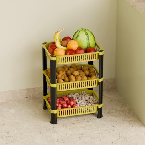 FOROLY 3-Layer Multipurpose Plastic Kitchen Storage Rack | Vegetable Basket Organizer | Stackable Storage Stand for Home, Pantry, Bathroom, Office – Durable Space-Saving Shelf (Yellow) - Image 1