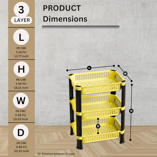 FOROLY 3-Layer Multipurpose Plastic Kitchen Storage Rack | Vegetable Basket Organizer | Stackable Storage Stand for Home, Pantry, Bathroom, Office – Durable Space-Saving Shelf (Yellow) - Image 2